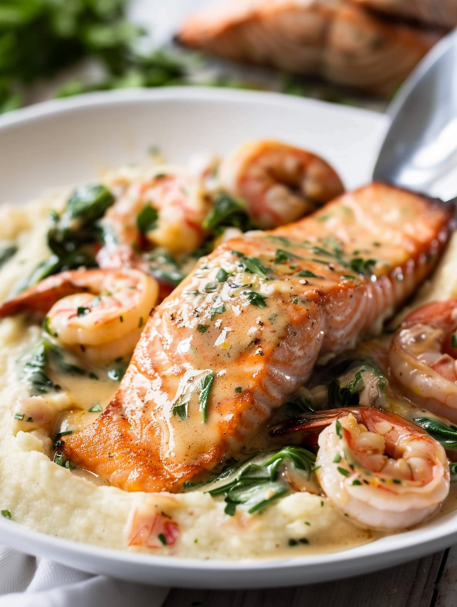5 Salmón y Camarones Cremosos a la Toscana sobre Puré
